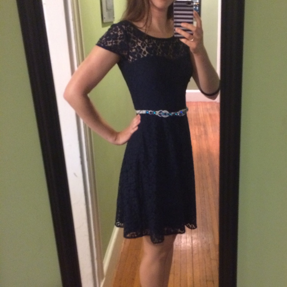 WHBM baby doll style navy lace with burnout sweetheart neckline dress